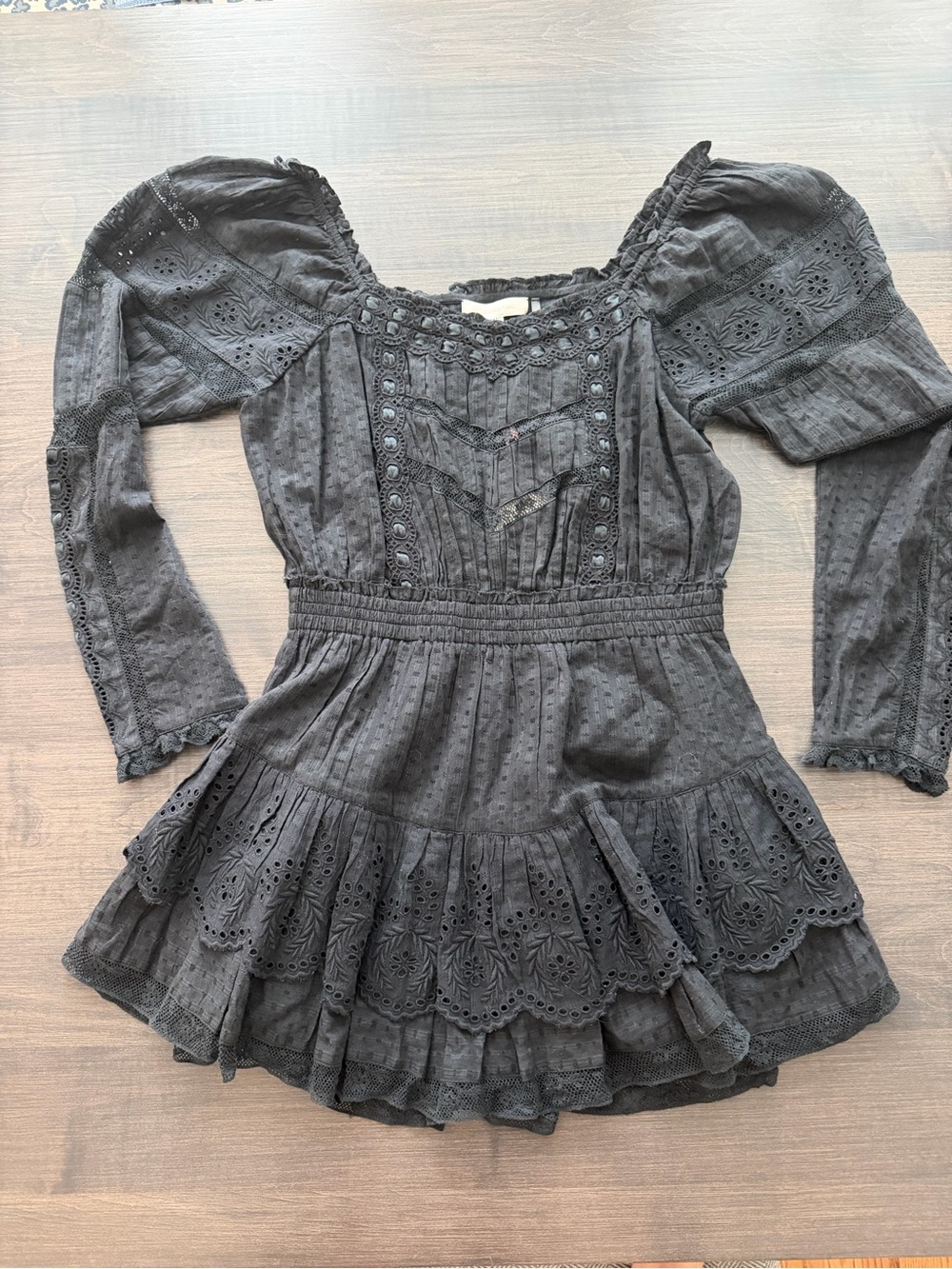LoveShackFancy Sanaya Black Long-Sleeve Mini Dress - Picture 4 of 4